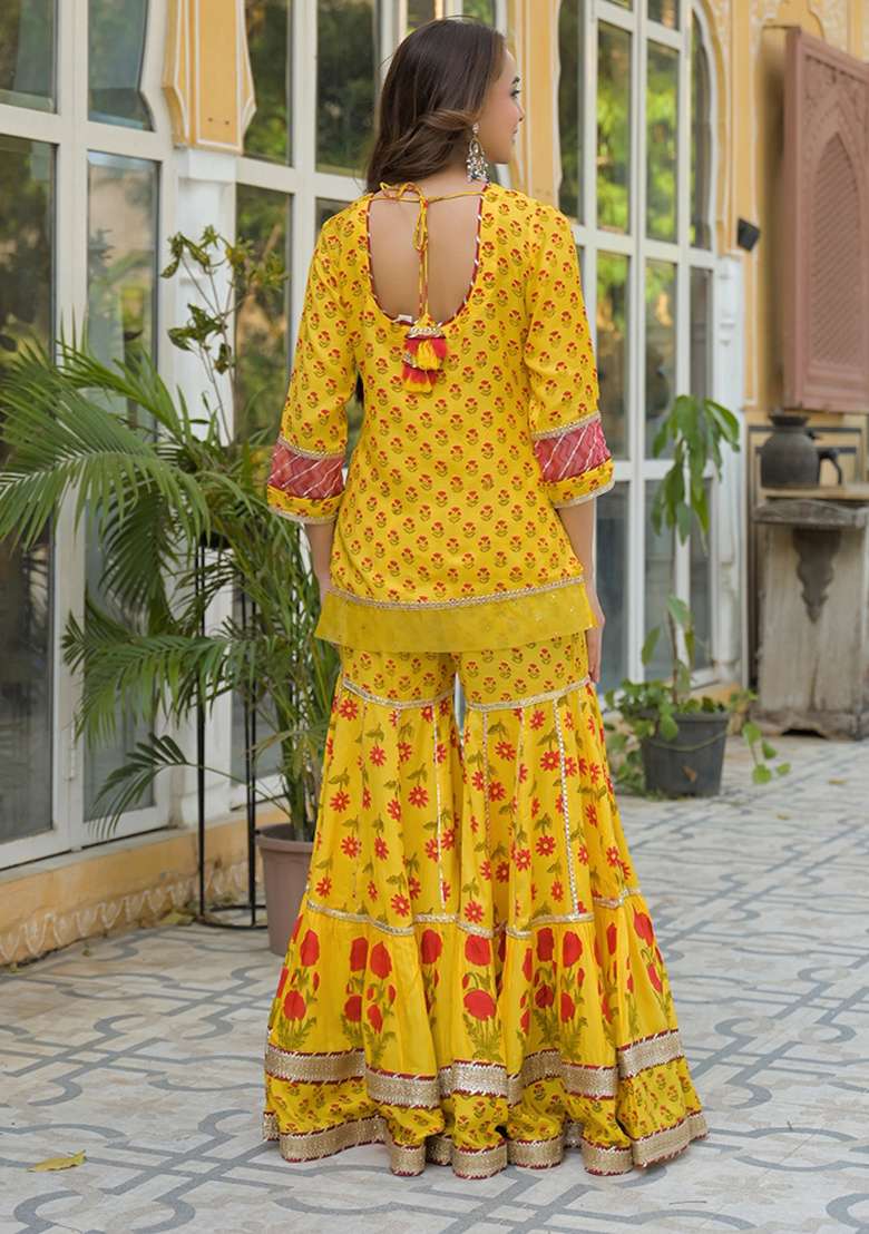 Yellow Printed Rayon Sharara Set - Indya