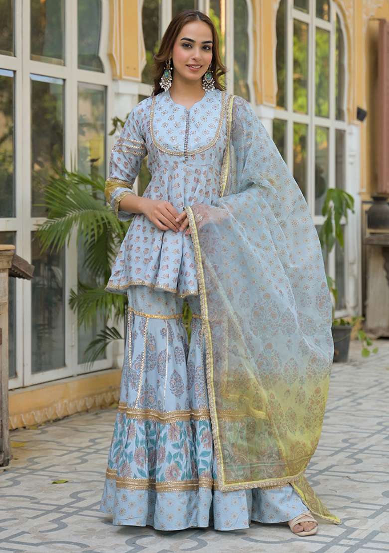 Sky Blue Printed Rayon Sharara Set - Indya