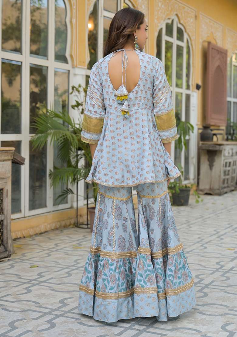 Sky Blue Printed Rayon Sharara Set - Indya