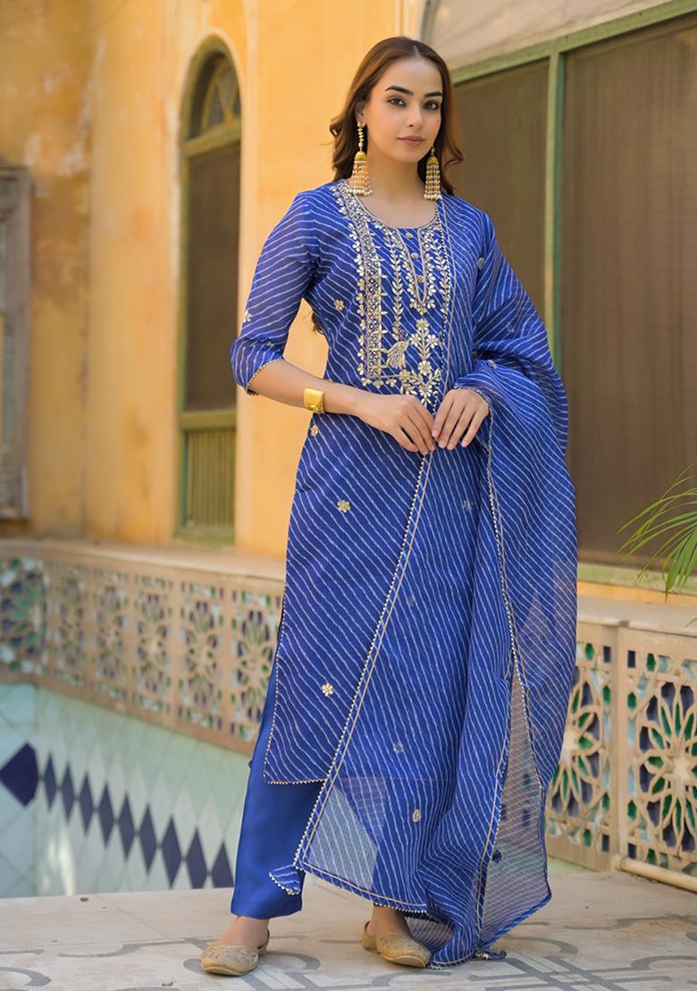 Blue embroidered Cotton Salwar Kameez With Dupatta