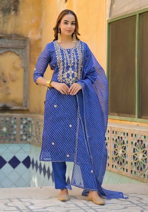 Blue embroidered Cotton Salwar Kameez With Dupatta