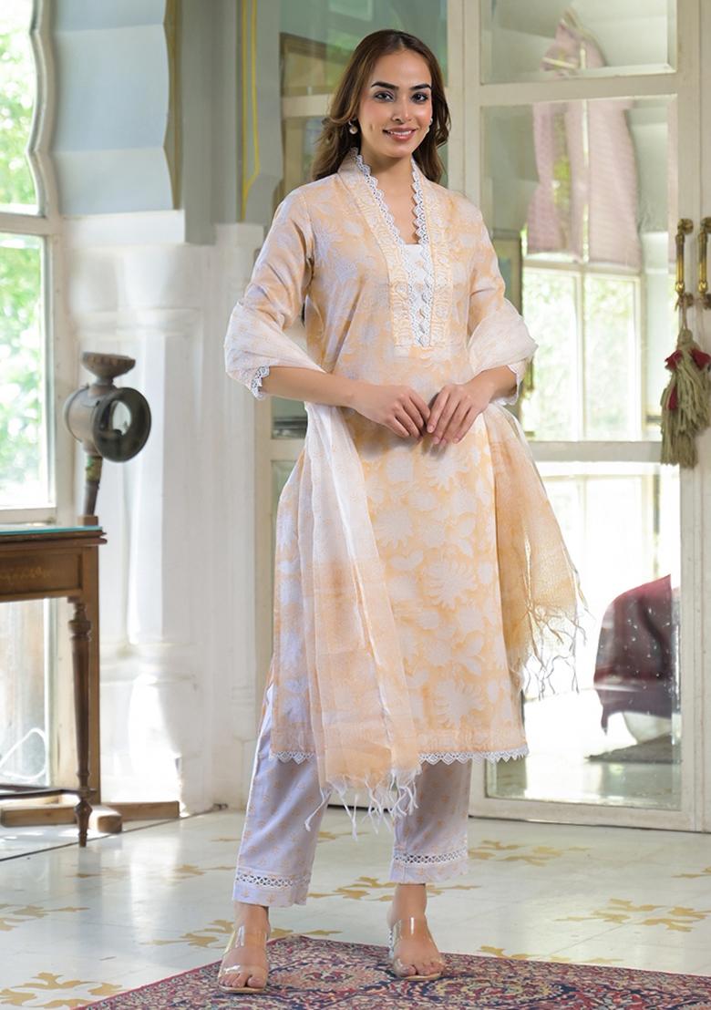 Peach embroidered Cotton Salwar Kameez With Dupatta