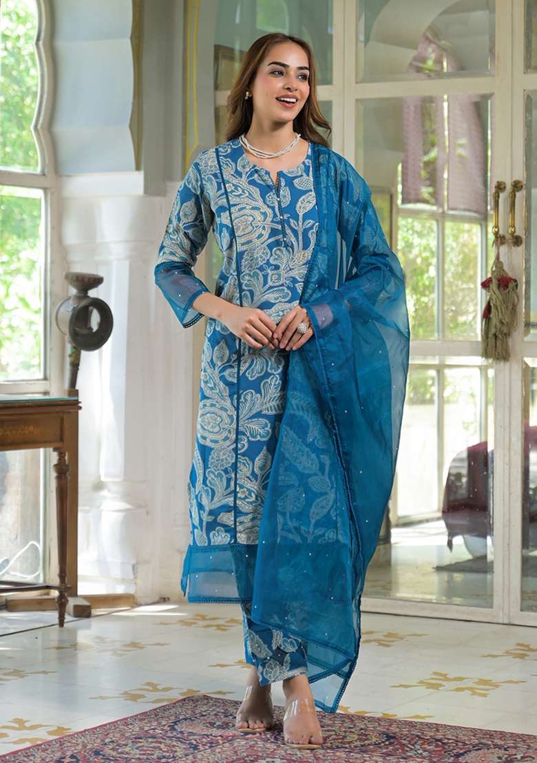 Turquoise Blue Floral Print Rayon Straight Kurta Set - Indya