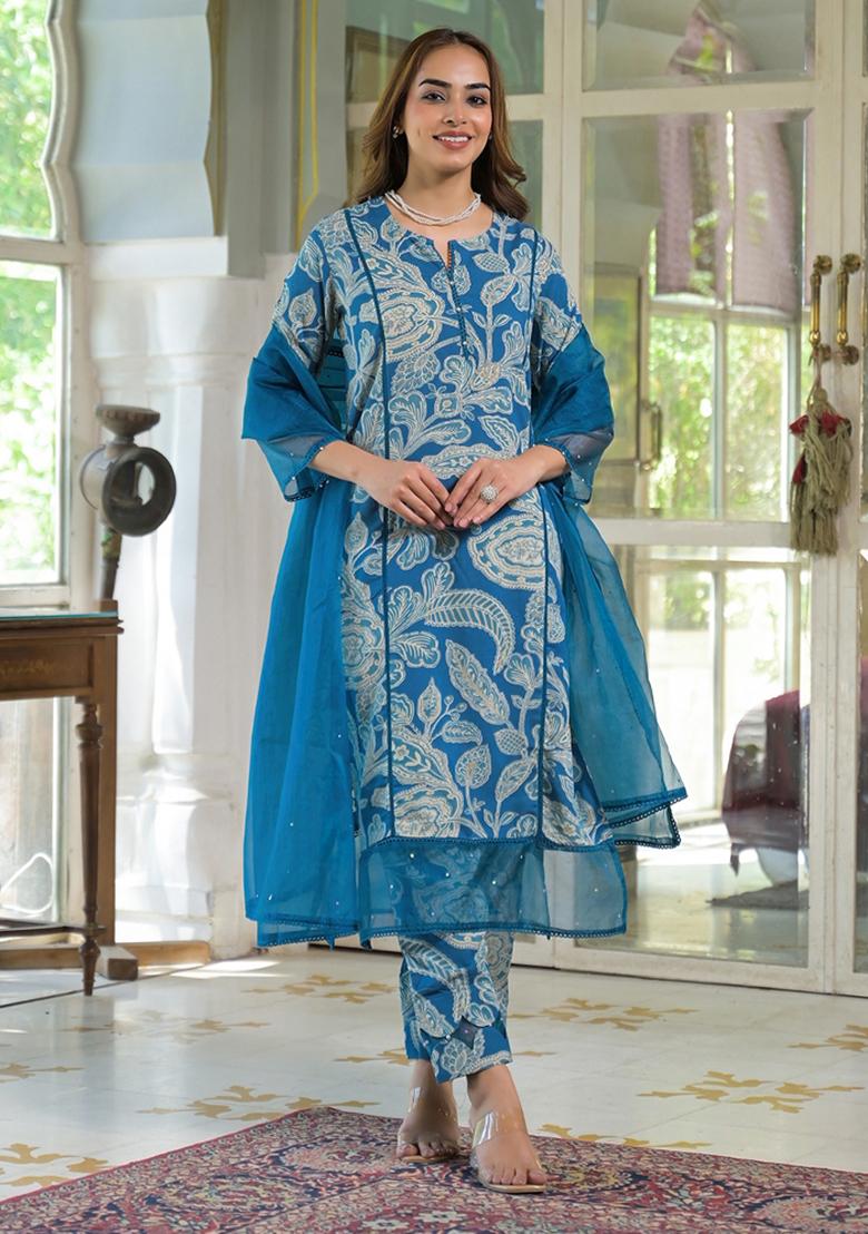 Turquoise Blue embroidered Rayon Salwar Kameez With Dupatta