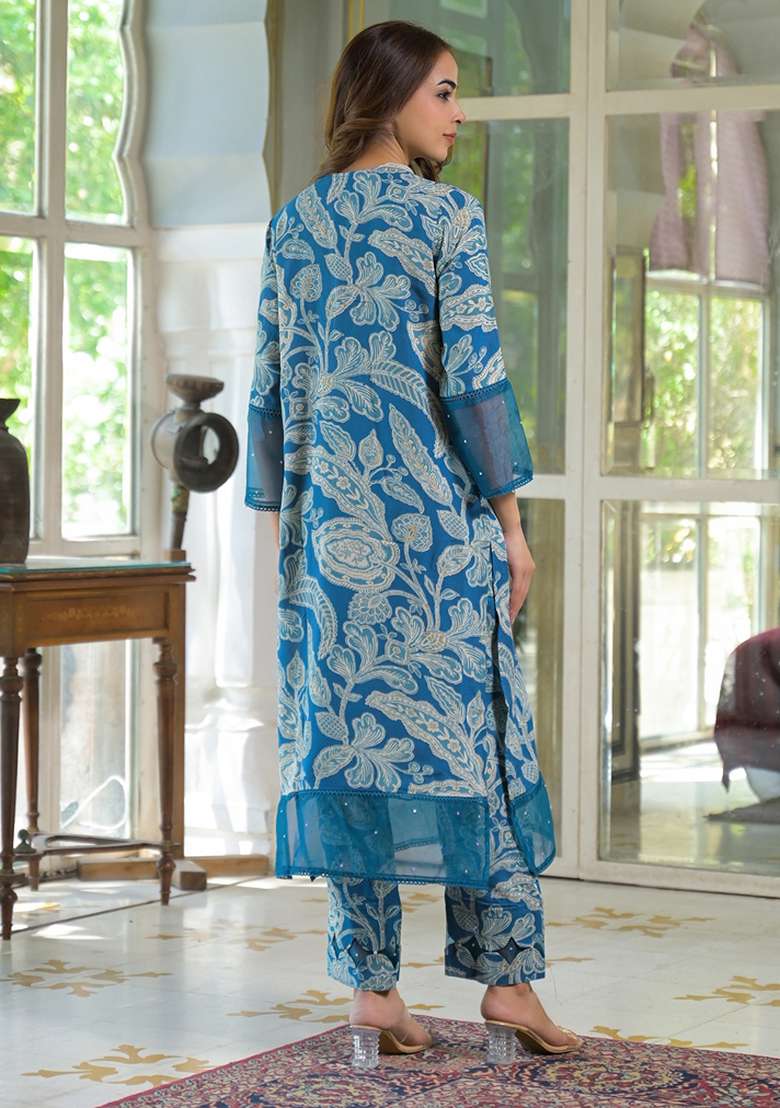 Turquoise Blue Floral Print Rayon Straight Kurta Set - Indya