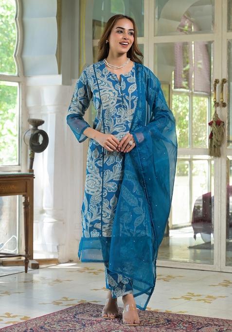 Turquoise Blue embroidered Rayon Salwar Kameez With Dupatta
