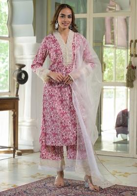 Cream Pink embroidered Rayon Salwar Kameez With Dupatta