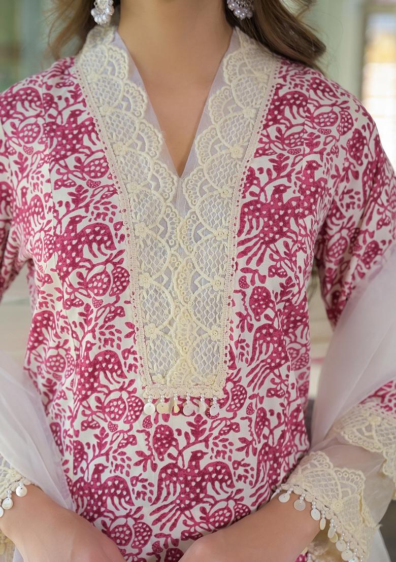 Cream Pink embroidered Rayon Salwar Kameez With Dupatta