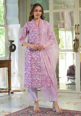 White embroidered Cotton Salwar Kameez With Dupatta