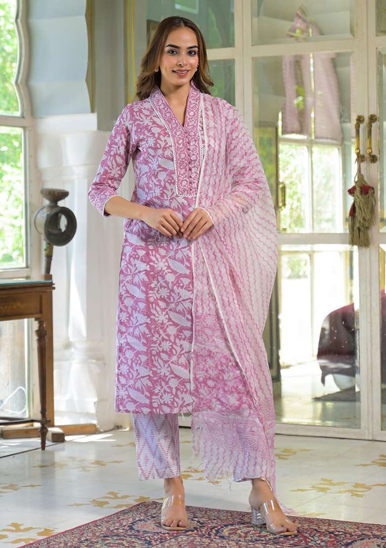 White Printed Cotton Straight Kurta Set - Indya