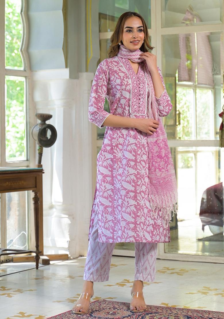 White embroidered Cotton Salwar Kameez With Dupatta