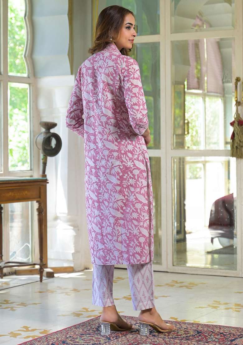 White Printed Cotton Straight Kurta Set - Indya