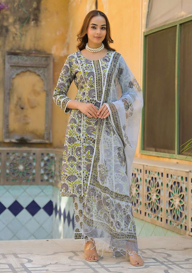 Sea Green Printed Cotton Pakistani Suit Set - Indya
