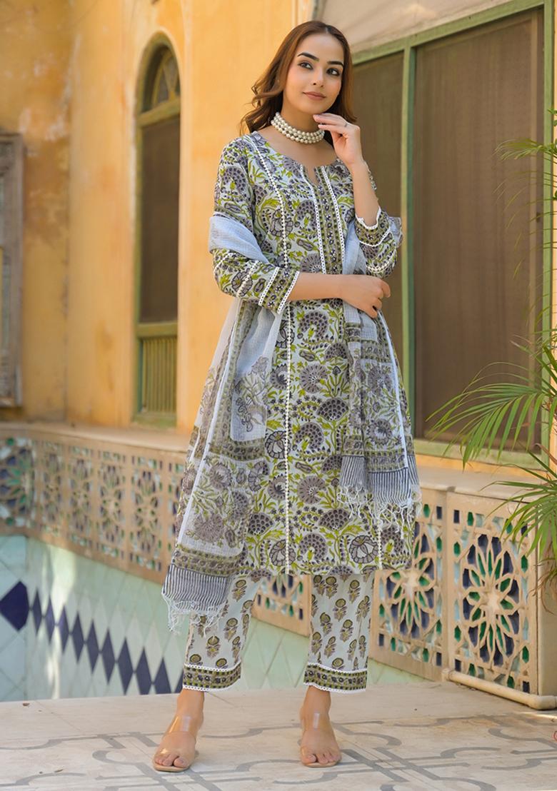 Sea Green embroidered Cotton Salwar Kameez With Dupatta