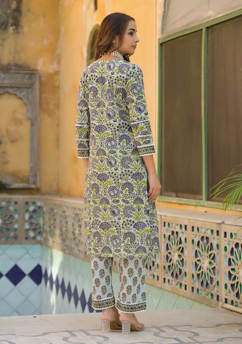 Sea Green Printed Cotton Pakistani Suit Set - Indya