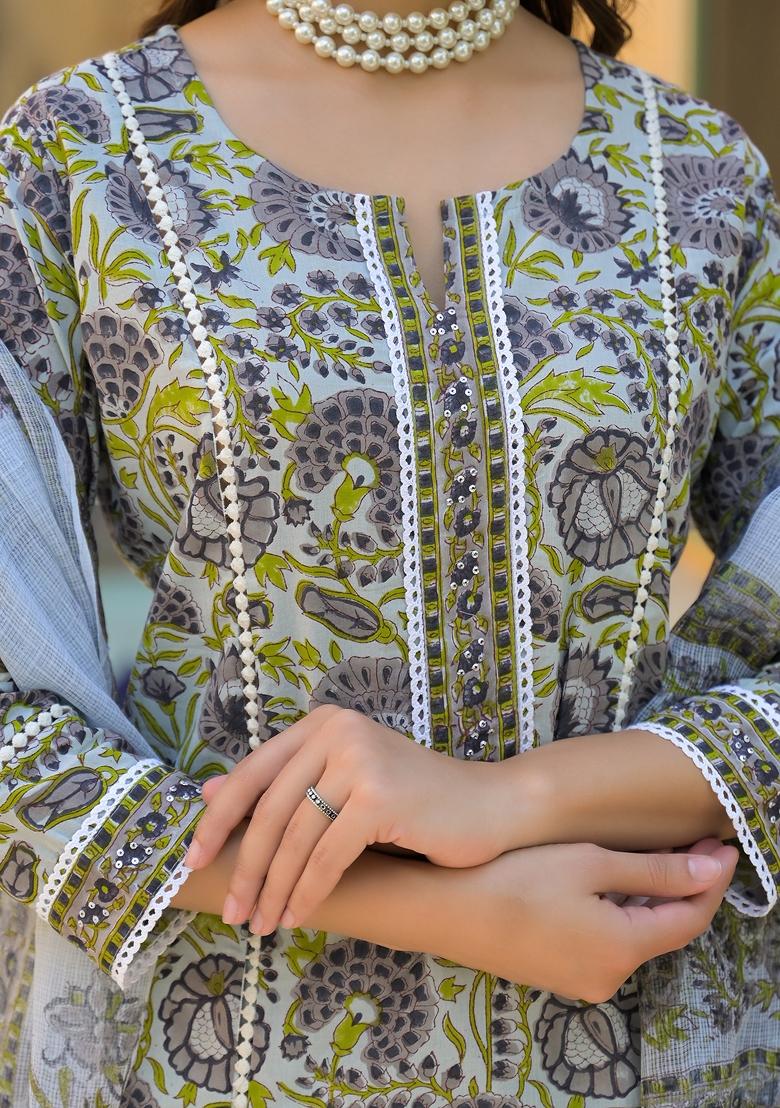 Sea Green embroidered Cotton Salwar Kameez With Dupatta