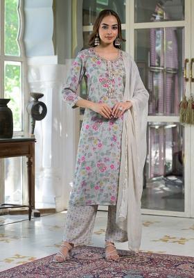 Light Grey embroidered Muslin Salwar Kameez With Dupatta
