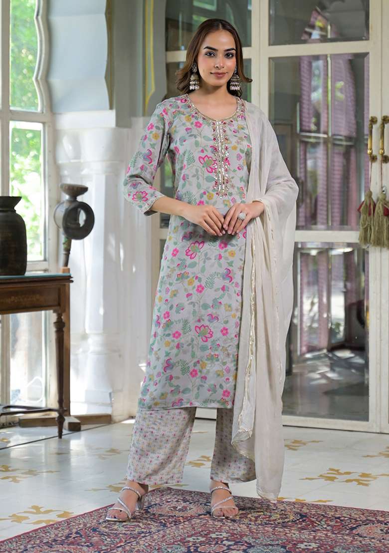 Light Grey Embroidered Muslin Straight Kurta Set - Indya