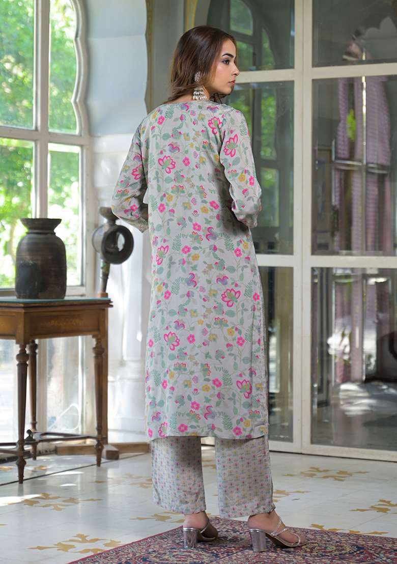 Light Grey Embroidered Muslin Straight Kurta Set - Indya