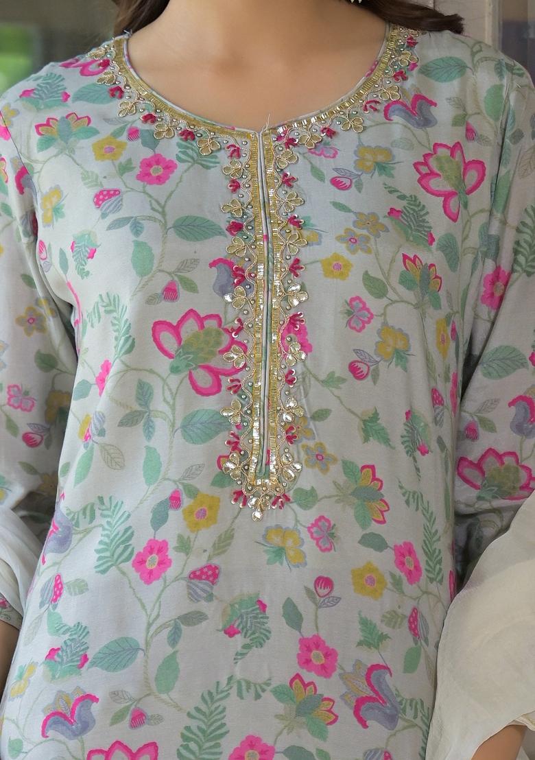 Light Grey embroidered Muslin Salwar Kameez With Dupatta