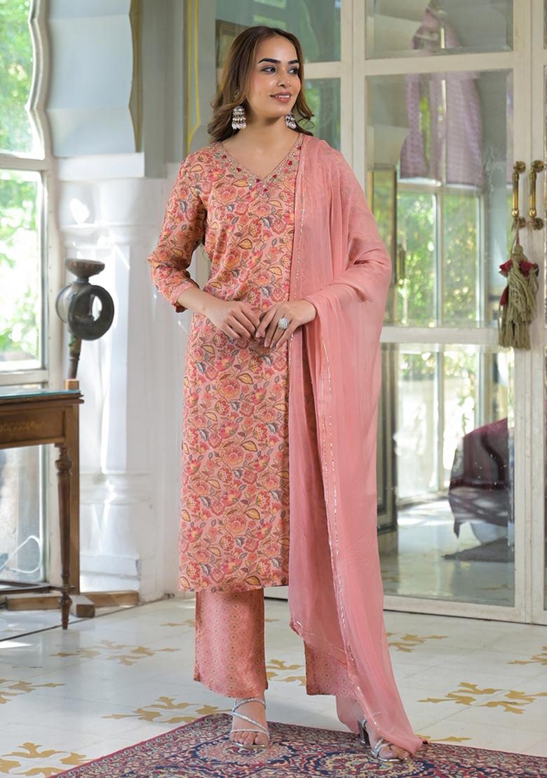 Peach embroidered Muslin Salwar Kameez With Dupatta