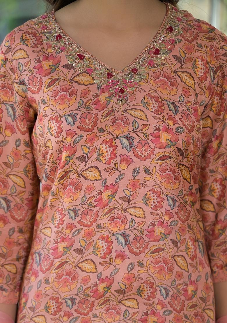 Peach embroidered Muslin Salwar Kameez With Dupatta