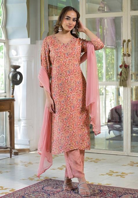 Peach embroidered Muslin Salwar Kameez With Dupatta