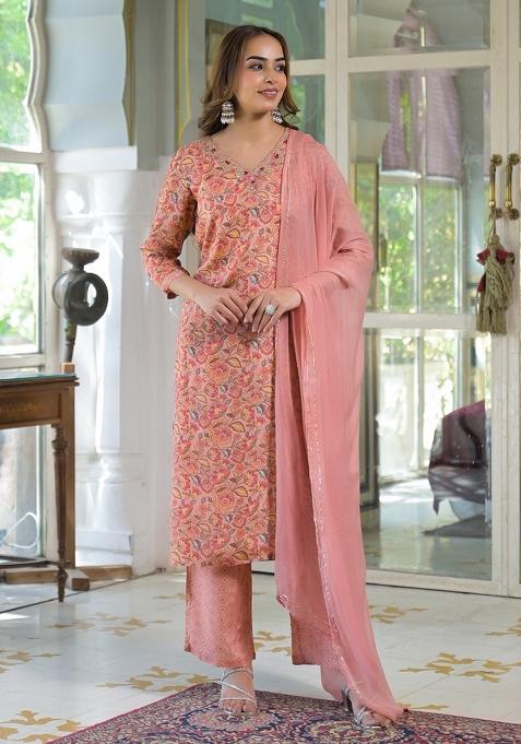 Peach embroidered Muslin Salwar Kameez With Dupatta