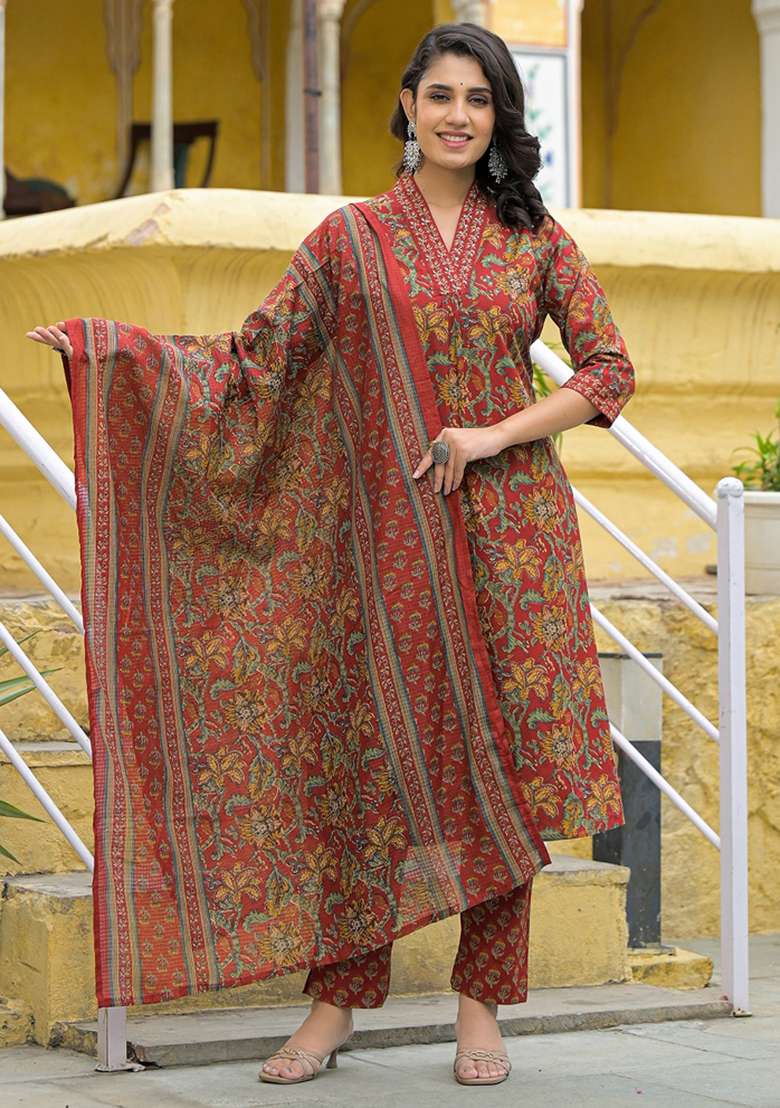 Maroon Printed Cotton Straight Kurta Set - Indya