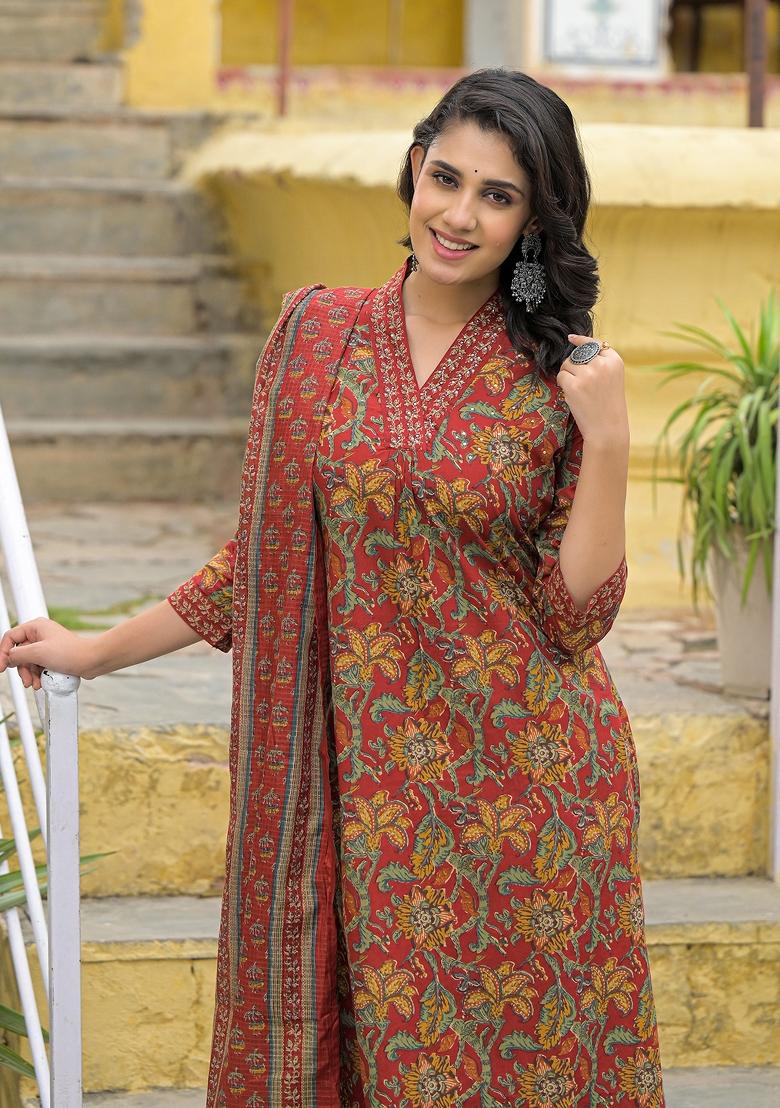 Maroon embroidered Cotton Salwar Kameez With Dupatta