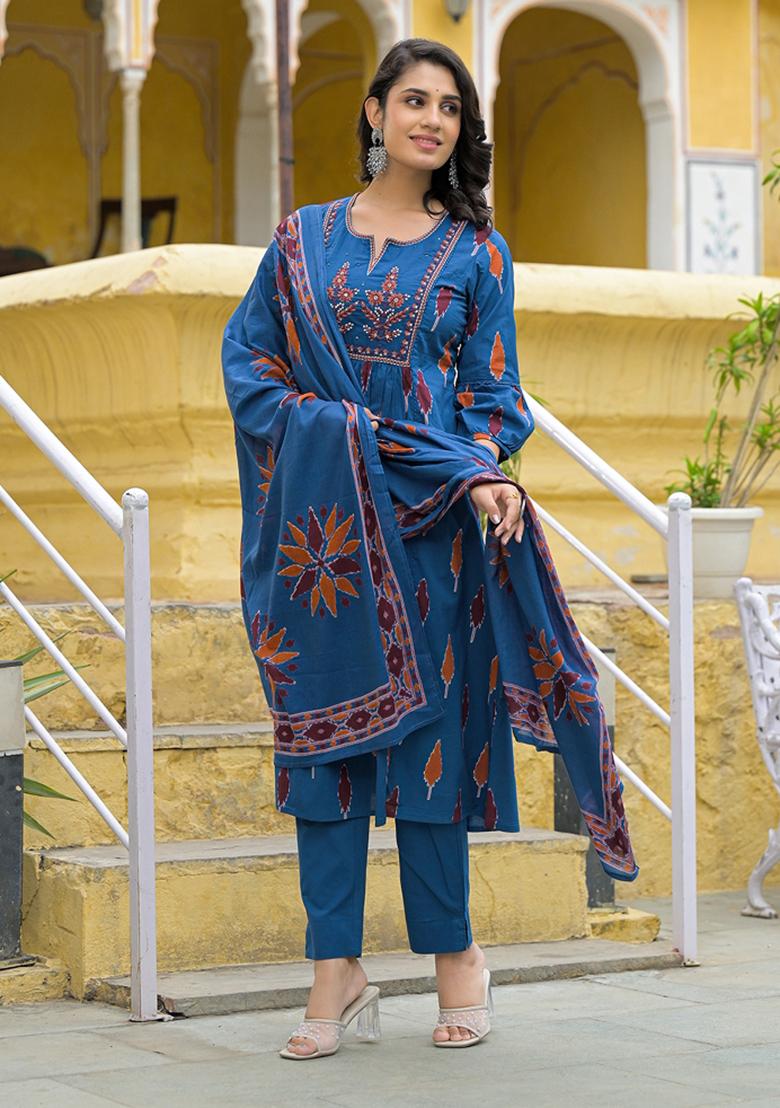 Navy Blue embroidered Cotton Salwar Kameez With Dupatta