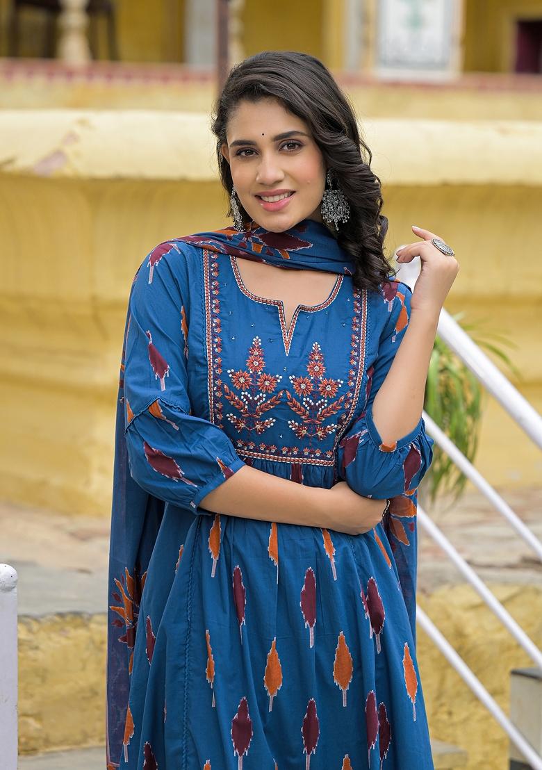 Navy Blue embroidered Cotton Salwar Kameez With Dupatta