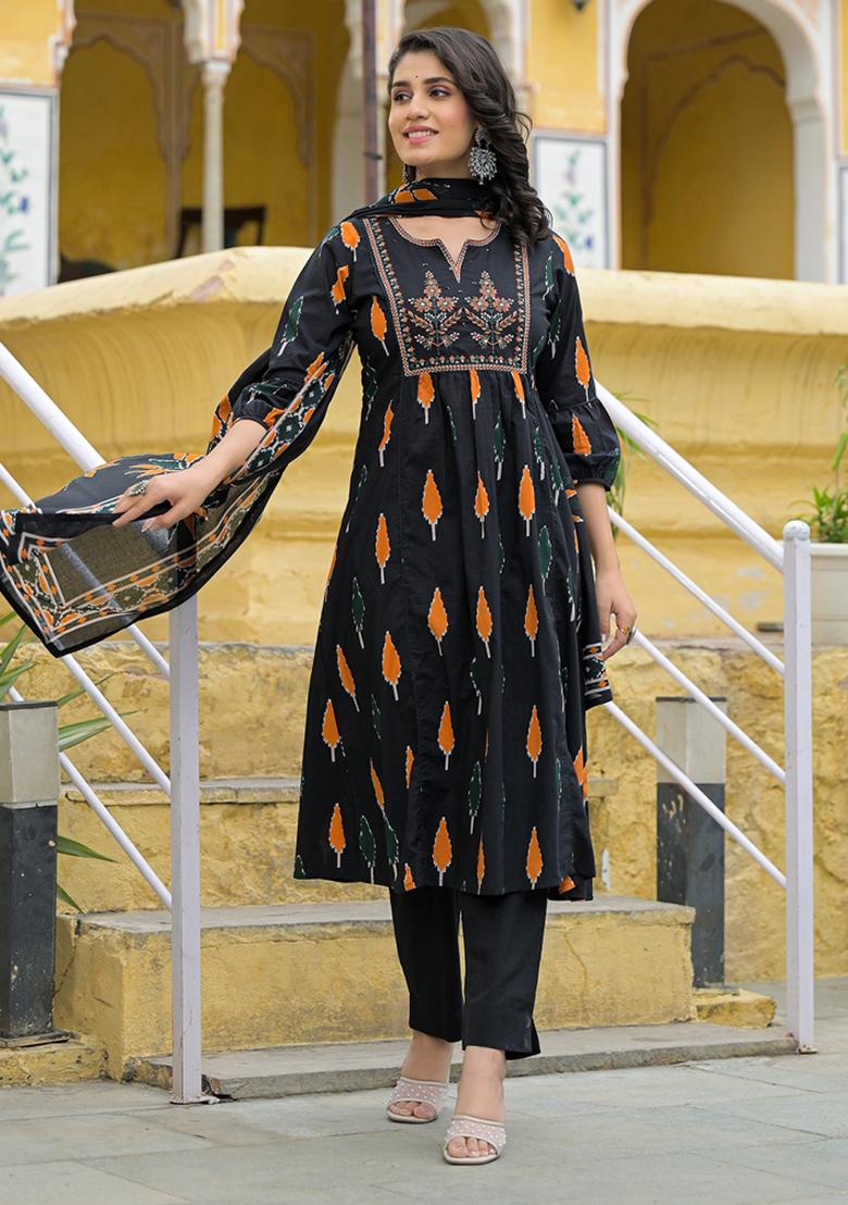 Black embroidered Cotton Salwar Kameez With Dupatta