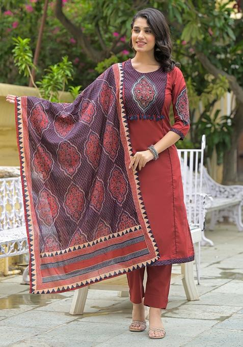 Maroon embroidered Cotton Salwar Kameez With Dupatta