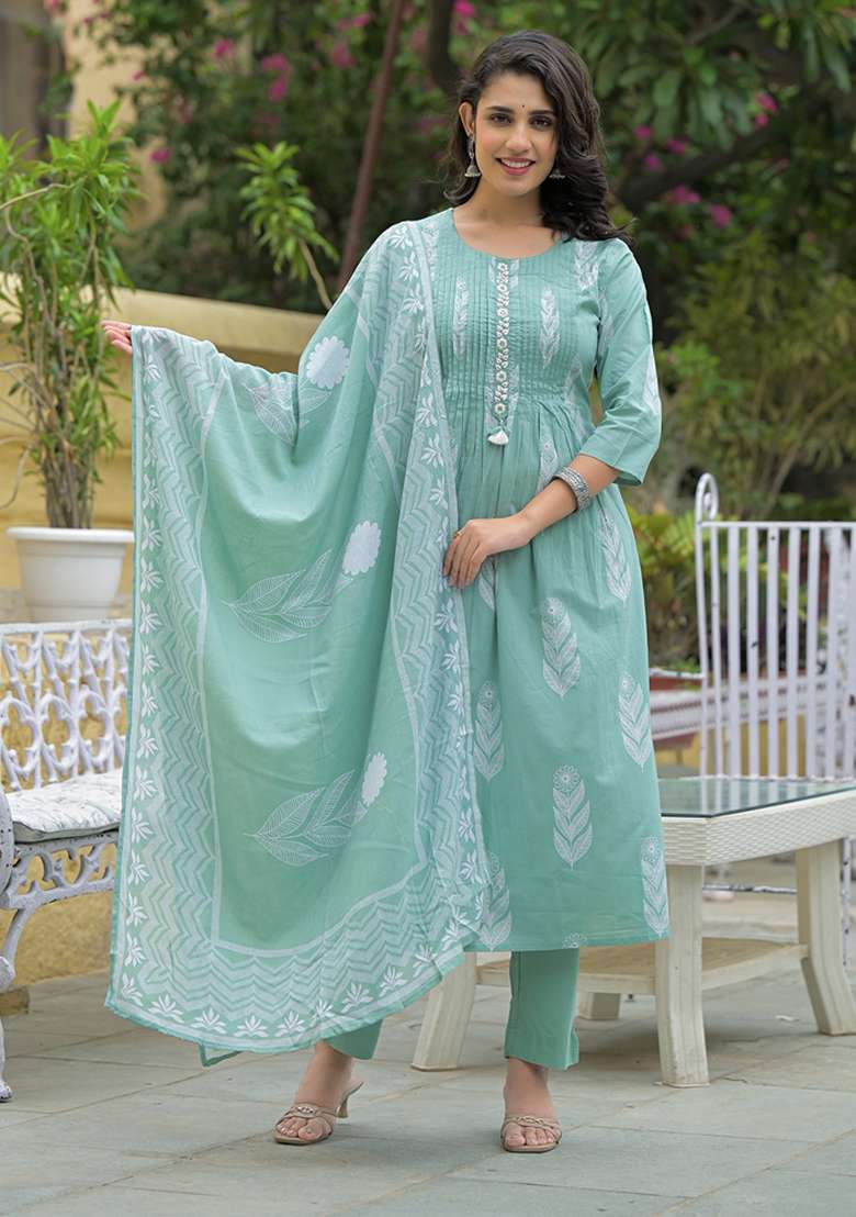Teal Printed Cotton Straight Kurta Set - Indya