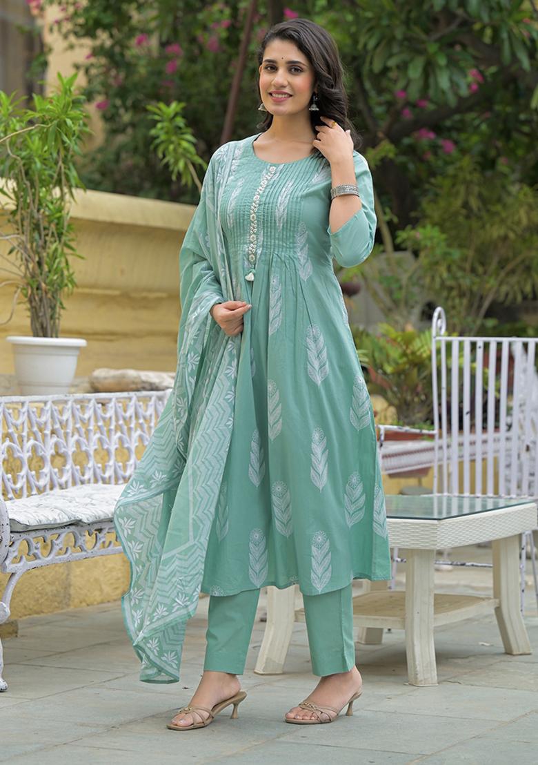 Teal embroidered Cotton Salwar Kameez With Dupatta