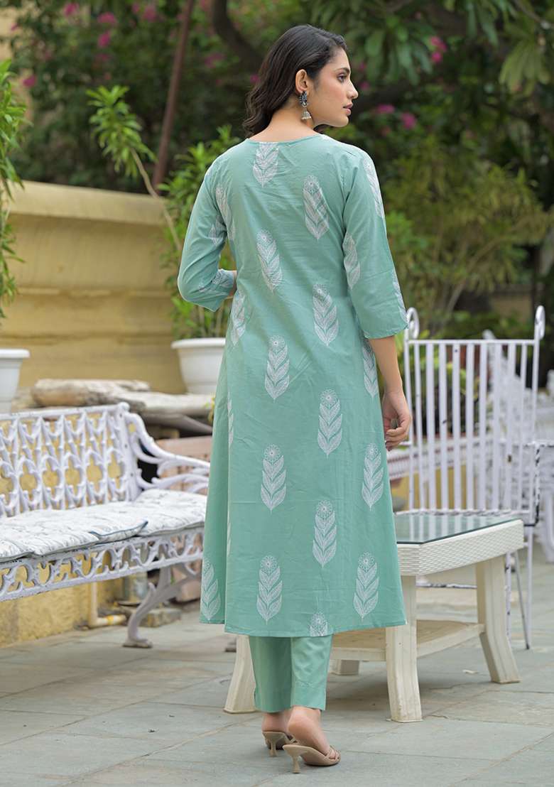 Teal Printed Cotton Straight Kurta Set - Indya