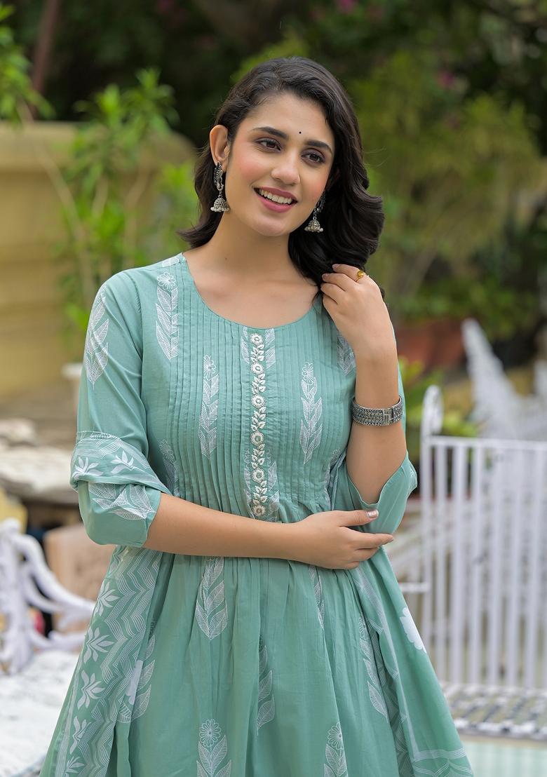 Teal embroidered Cotton Salwar Kameez With Dupatta