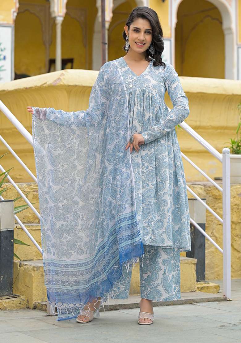 White Printed Cotton A Line Kurta Set - Indya