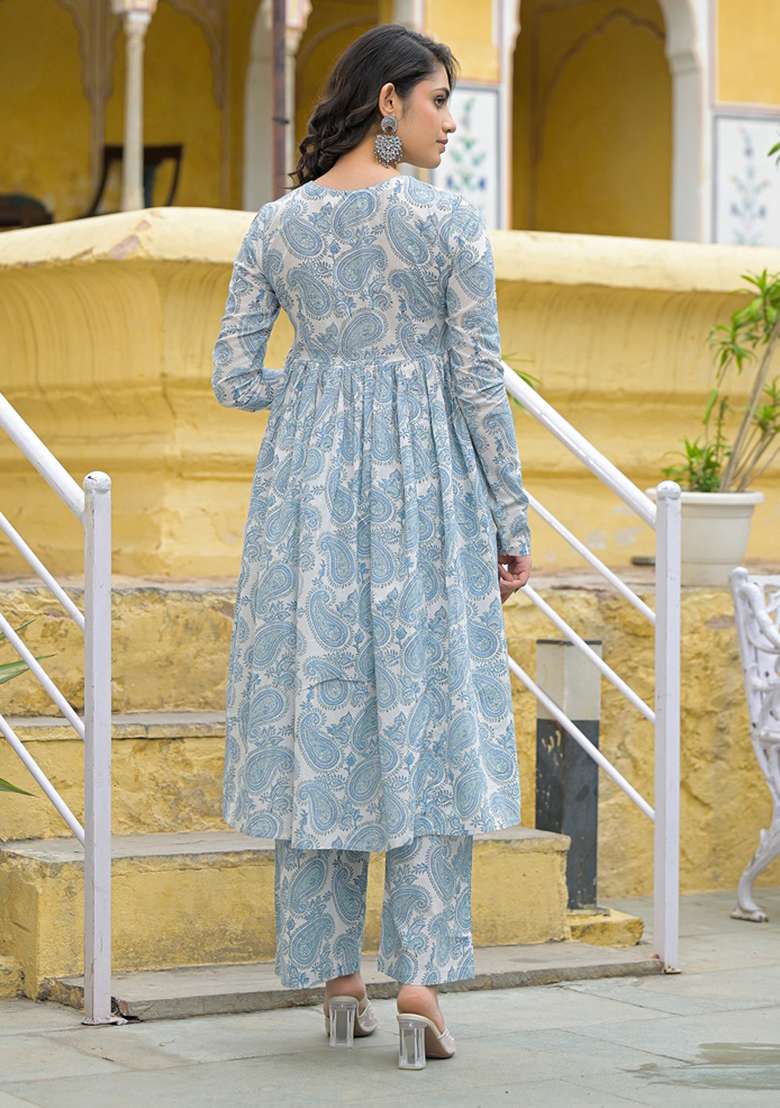 White Printed Cotton A Line Kurta Set - Indya