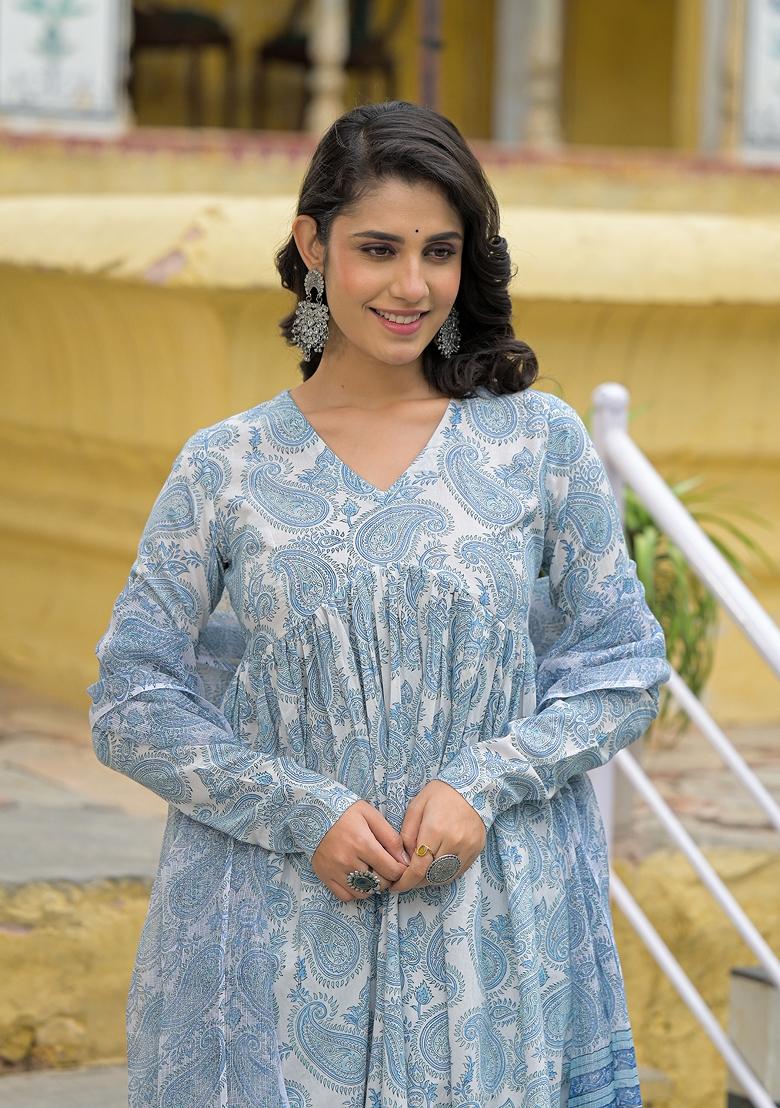 White embroidered Cotton Salwar Kameez With Dupatta