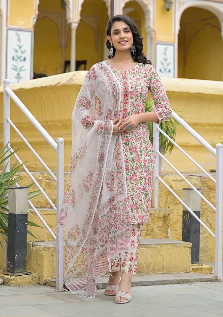 Cream embroidered Cotton Salwar Kameez With Dupatta