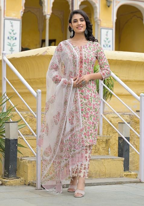 Cream embroidered Cotton Salwar Kameez With Dupatta
