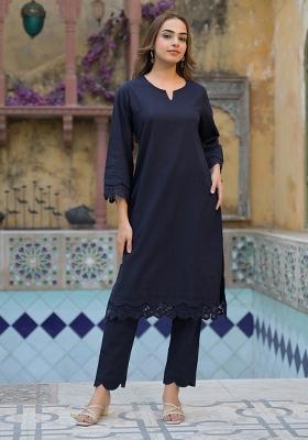 Navy Blue embroidered Cotton Salwar Kameez
