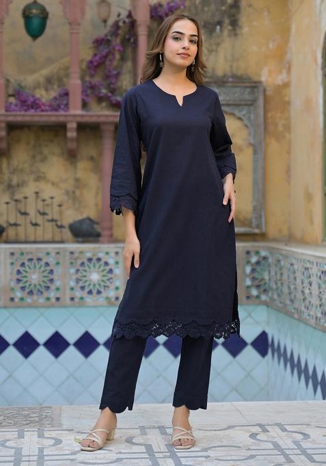 Navy Blue embroidered Cotton Salwar Kameez