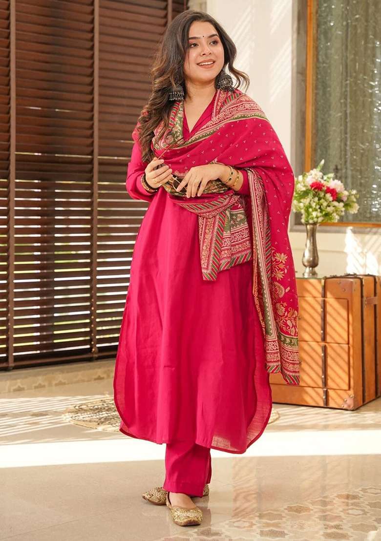 Rani Pink Embroidered Cotton Straight Kurta Set - Indya