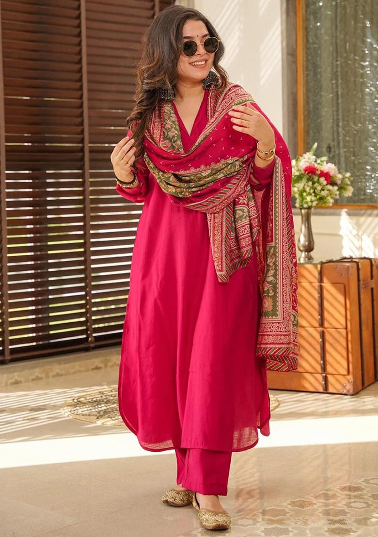 Rani Pink Printed Cotton Salwar Kameez With Dupatta