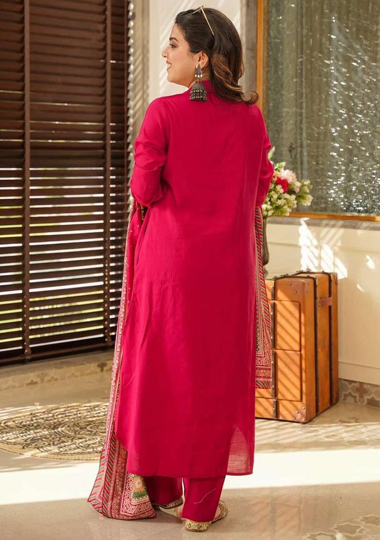 Rani Pink Embroidered Cotton Straight Kurta Set - Indya
