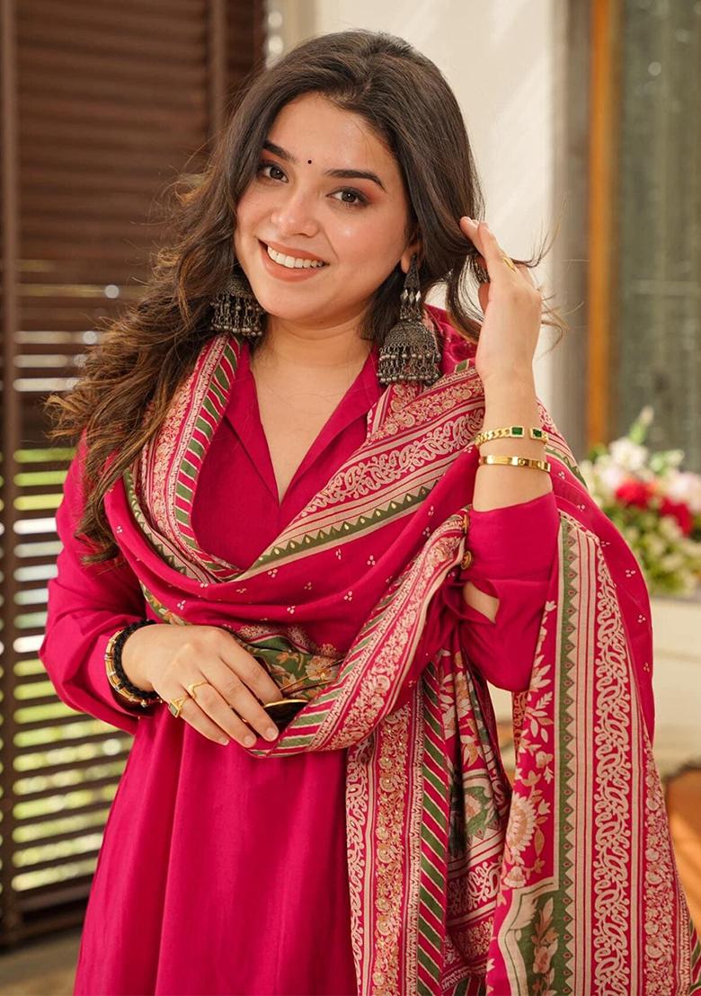 Rani Pink Printed Cotton Salwar Kameez With Dupatta