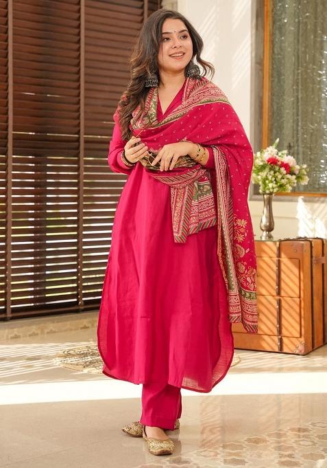 Rani Pink Printed Cotton Salwar Kameez With Dupatta